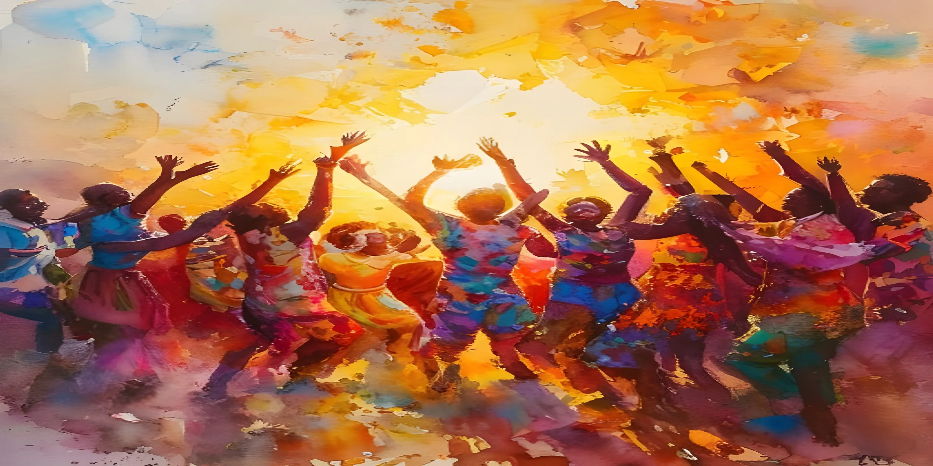A watercolour painting of the community dancing and celebrating together at sunset, hands raised