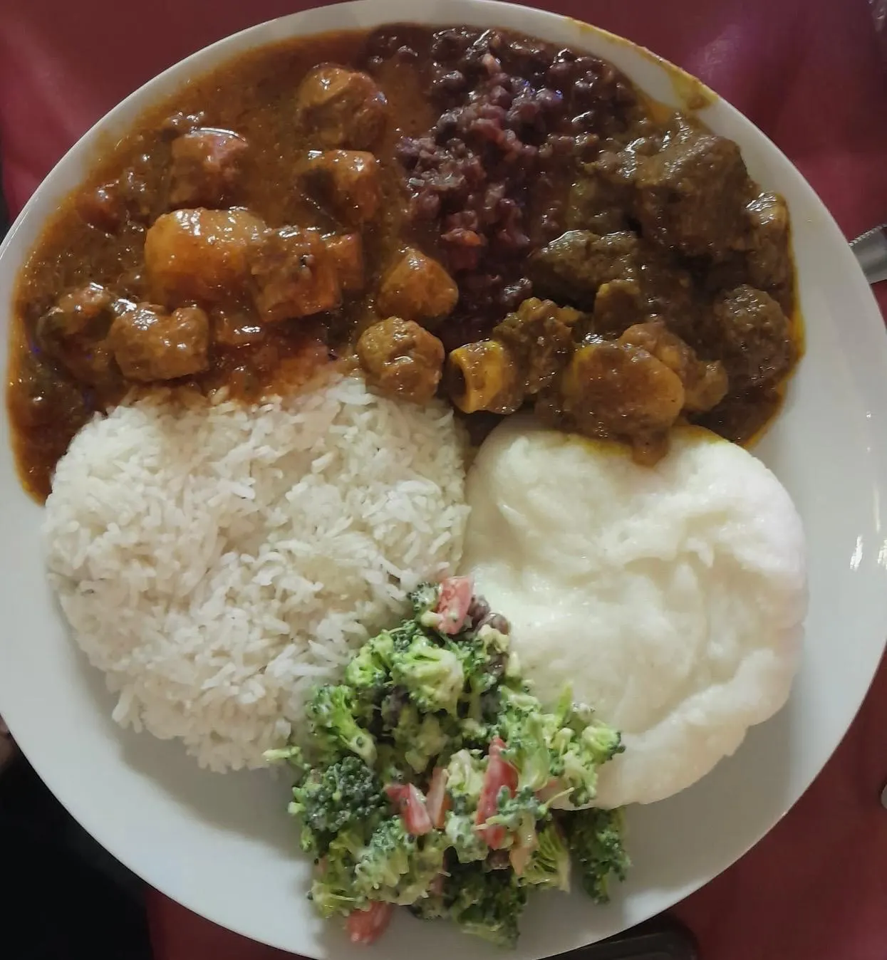 A full plate from a Hub food evening: sadza, rice, stew, beans and salad