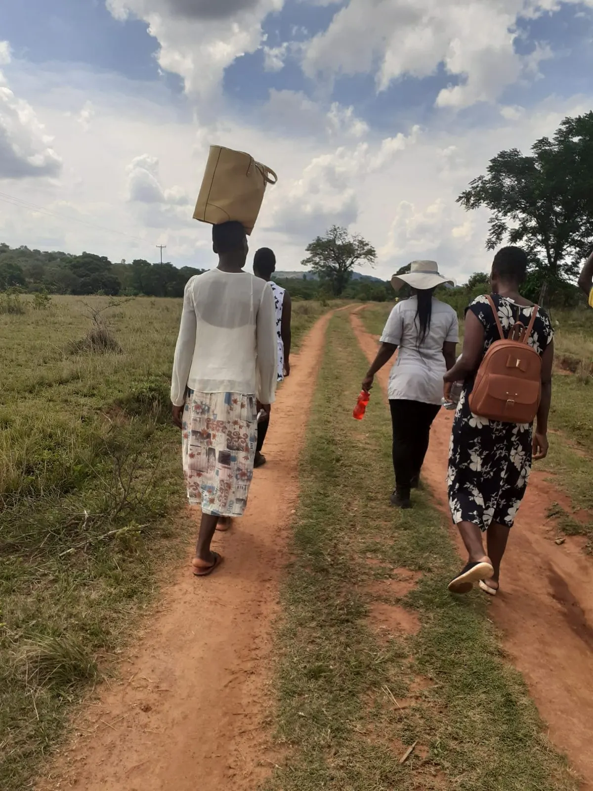 People in rural Zimbabwe walking together along a red-earth road through the bush, seeing visitors off to the bus